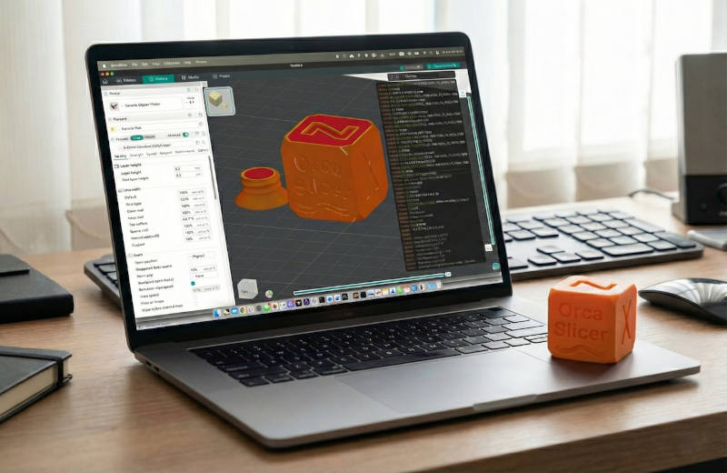 OrcaSlicer open on a laptop – Eolas Prints filament profiles are built into OrcaSlicer
