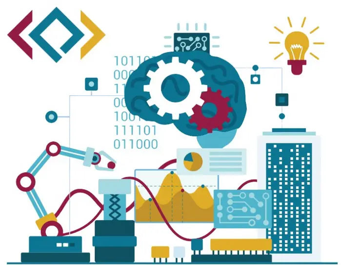 Stylized illustration of a robotic arm working alongside a digital brain with binary code and circuitry elements.