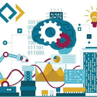 Stylized illustration of a robotic arm working alongside a digital brain with binary code and circuitry elements.