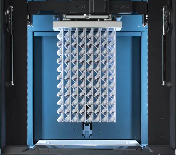 Interior view of the Prusa Pro SLX showing large build volume and detailed resin print