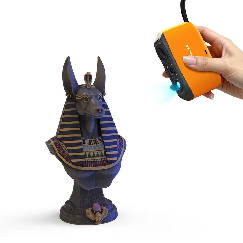 3dmakerpro fox 3d scanner capturing a detailed blue and gold anubis bust sculpture with striped headdress and hieroglyphics