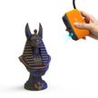 3dmakerpro fox 3d scanner capturing a detailed blue and gold anubis bust sculpture with striped headdress and hieroglyphics