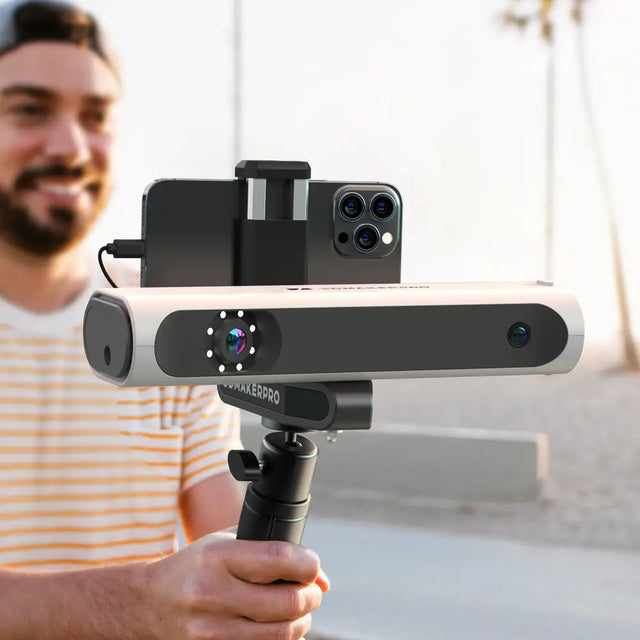 3DMakerpro Lynx 3D scanner in black and white on tripod with iPhone for large objects