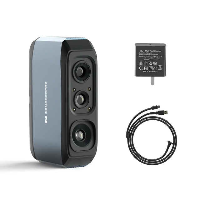 3DMakerpro Moose 3D scanner with black and gray 3D design and three vertical circular lenses