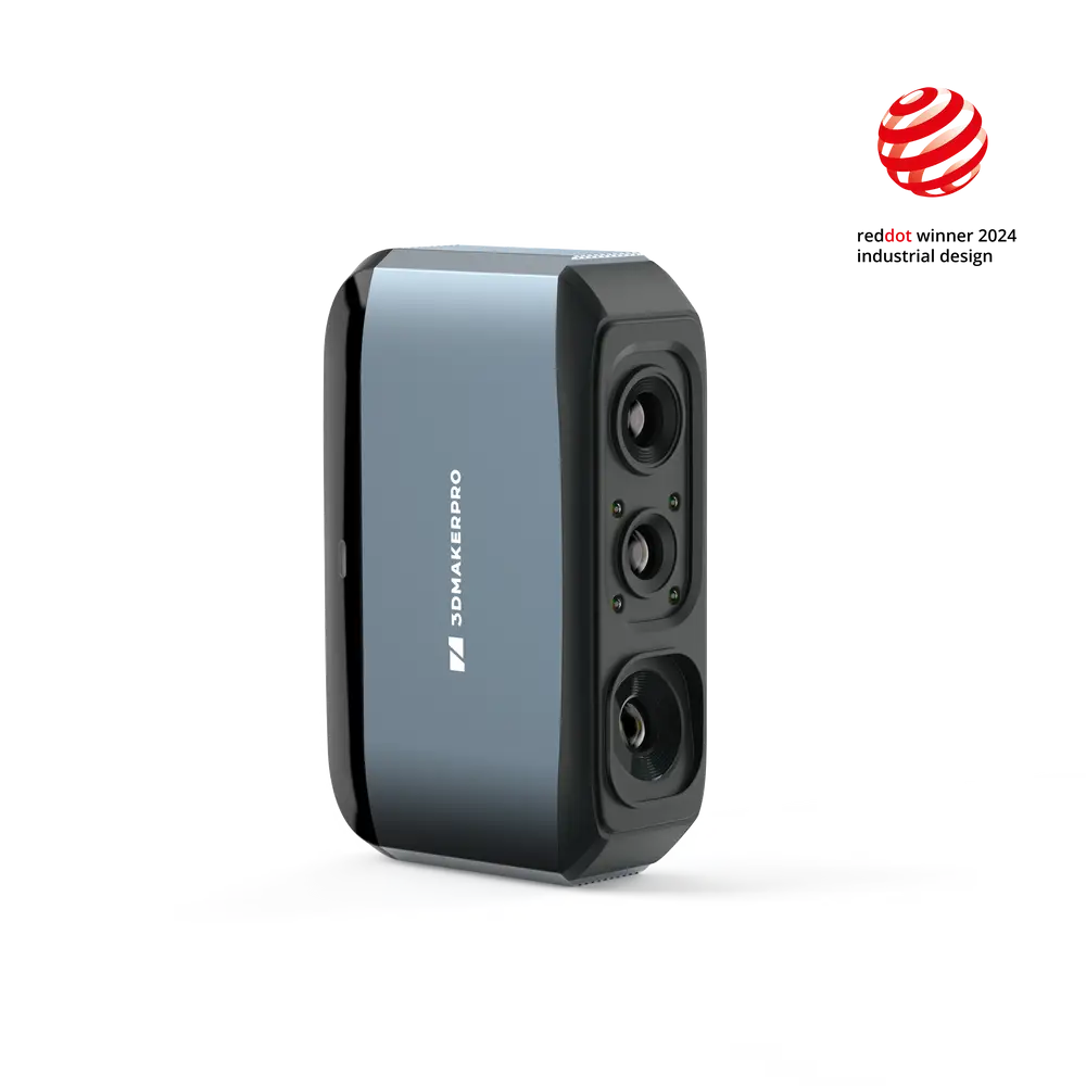 3DMakerpro Moose 3D scanner: sleek matte gray handheld with vertical lenses