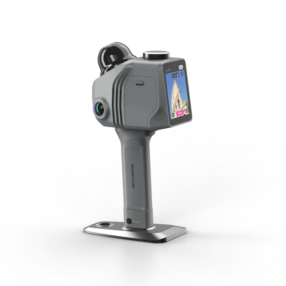 Gray 3dmakerpro raven lidar 3d scanner with touchscreen display and multiple camera lenses mounted on stand with rtk module