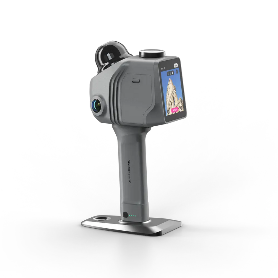 Gray 3dmakerpro raven lidar 3d scanner with touchscreen display and multiple camera lenses mounted on stand with rtk module