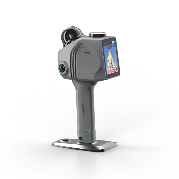 Gray 3dmakerpro raven lidar 3d scanner with touchscreen display and multiple camera lenses mounted on stand with rtk module