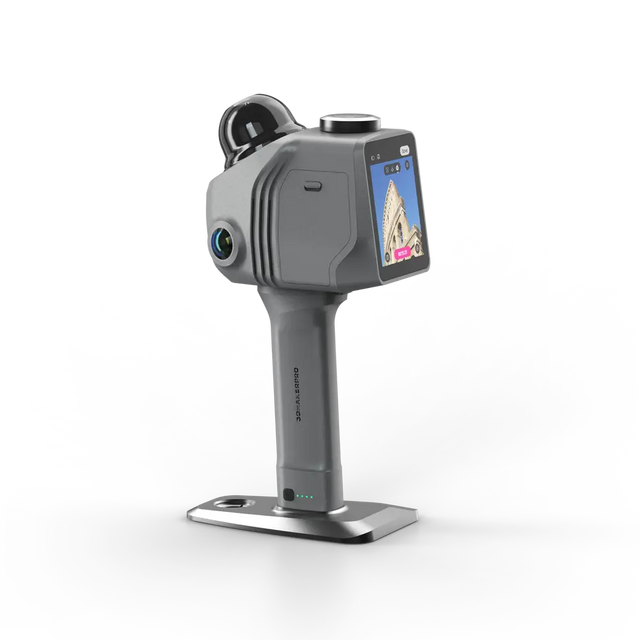 Gray 3dmakerpro raven lidar 3d scanner with touchscreen display and multiple camera lenses mounted on stand with rtk module