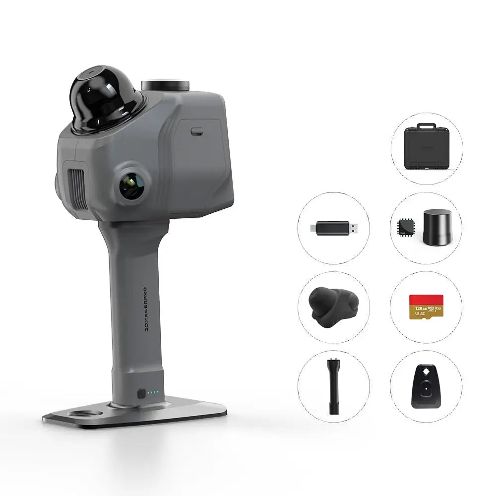 Gray dji optiscan pro lidar 3d scanner with black spherical lens and matte finish housing for geo referenced scanning