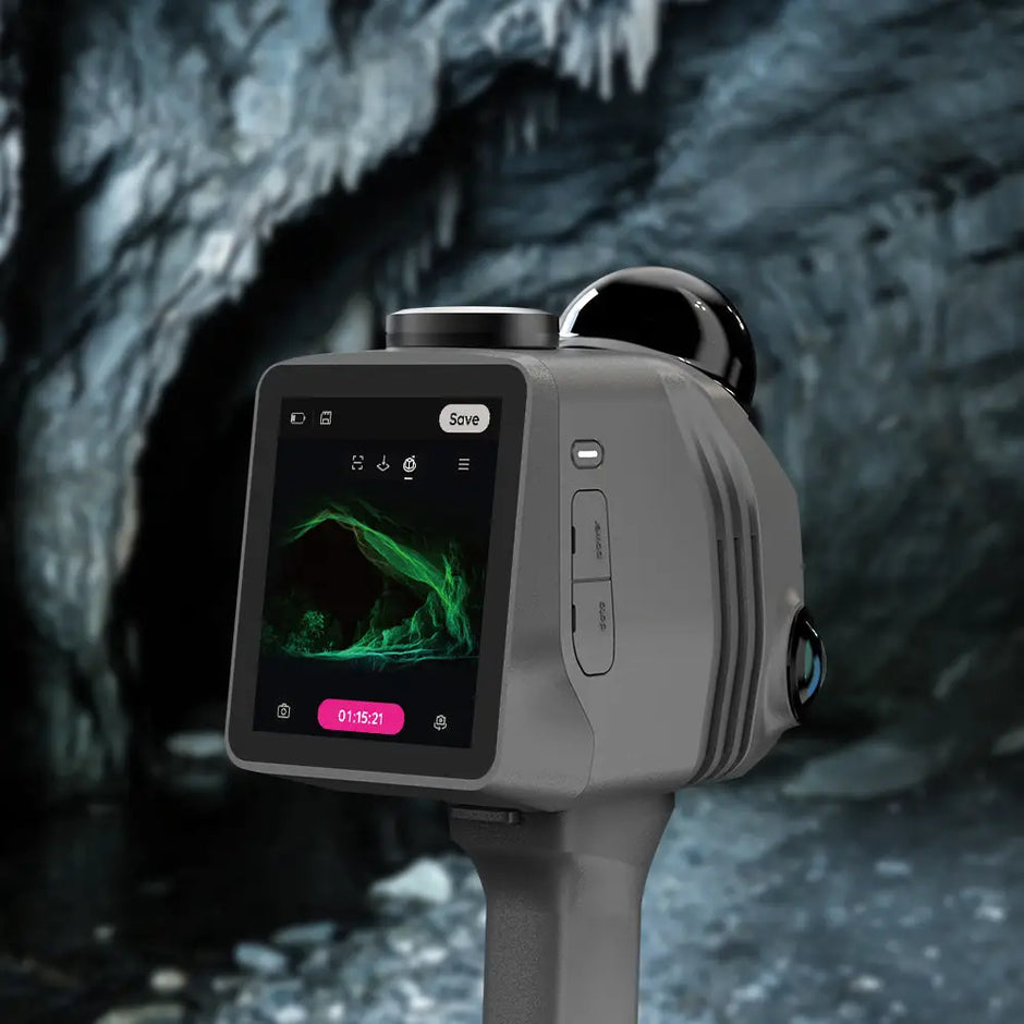 Gray handheld 3dmakerpro raven lidar 3d scanner with touchscreen showing green heat patterns and digital timer