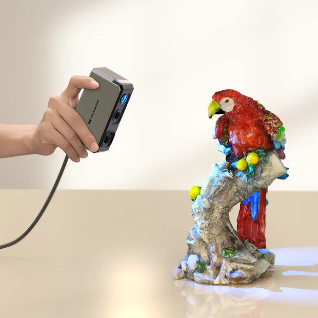 Vibrant red macaw figurine scanned with 3DMakerpro Seal 3D scanner ultra-high precision
