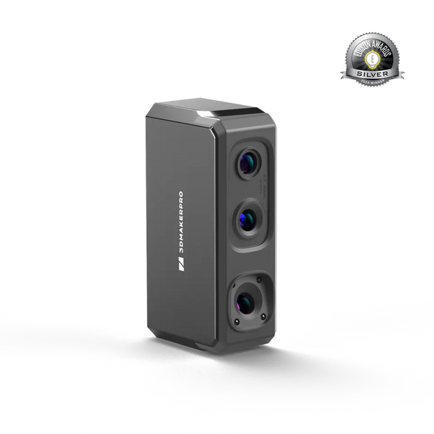 3DMakerpro Seal Lite 3D scanner with gray 3D Maker Pro model and three vertical circular lenses