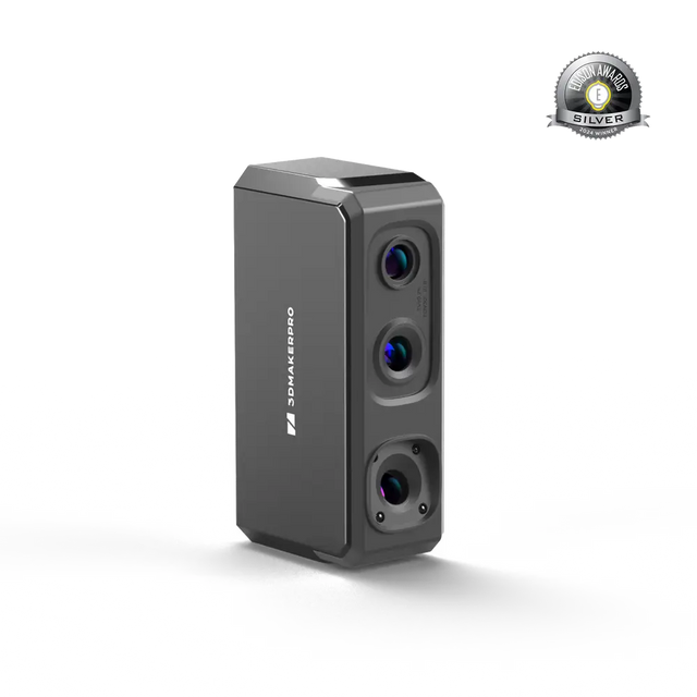 3DMakerpro Seal Lite 3D scanner with gray 3D Maker Pro model and three vertical circular lenses