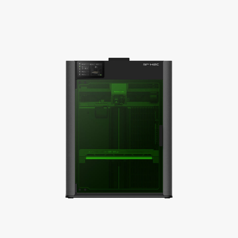 Bambu Lab H2C Laser Edition, Frontansicht mit grünen Laserschutzfenstern