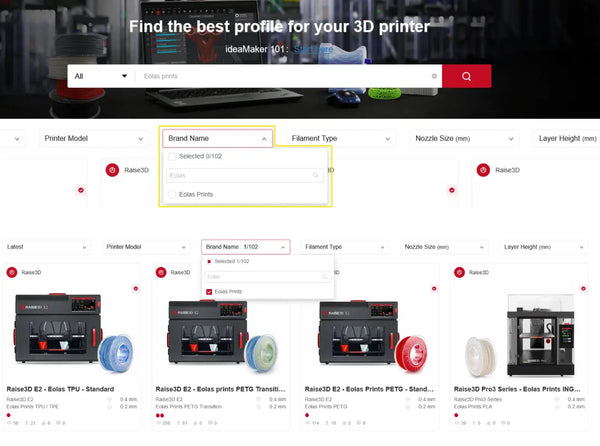 Eolas Prints material print profiles in idea maker