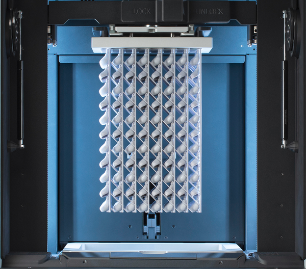 Interior view of the Prusa Pro SLX showing large build volume and detailed resin print