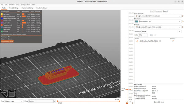 PrusaSlicer first step selecction for Eolas Prints temperature tower