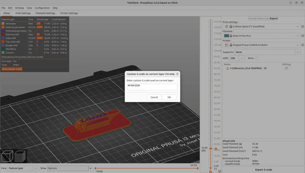 PrusaSlicer Custom Gcode for Eolas Prints temperature tower