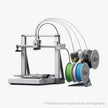 Silver and black Bambu Lab A2L desktop 3D printer with multiple colorful filament spools for versatile printing