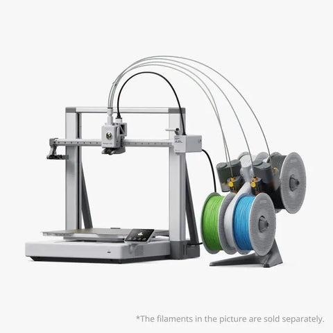 Silver and black Bambu Lab A2L desktop 3D printer with multiple colorful filament spools for versatile printing