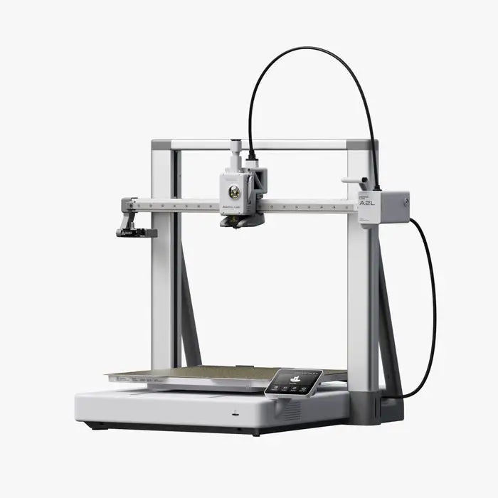 Silver and gray metal frame 3d printer with digital control panel from Bambu Lab A2L shown from front view