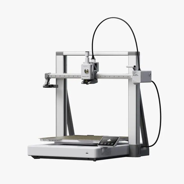 Silver and gray metal frame 3d printer with digital control panel from Bambu Lab A2L shown from front view