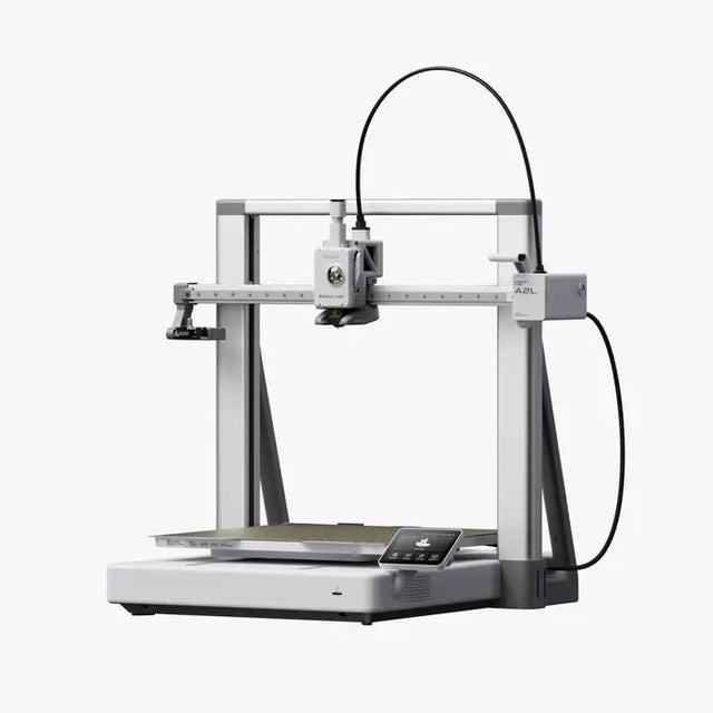 Silver and gray metal frame 3d printer with digital control panel from Bambu Lab A2L shown from front view