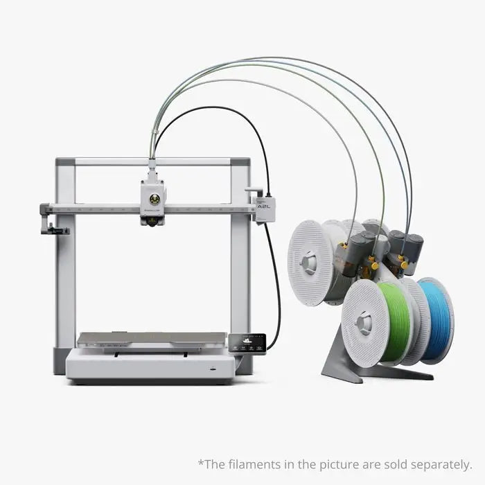 Silver metallic bambu lab A2L 3d printer with multiple colorful filament spools for advanced additive manufacturing