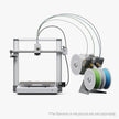 Silver metallic bambu lab A2L 3d printer with multiple colorful filament spools for advanced additive manufacturing