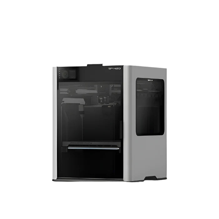 Enclosed, gray 3D printer.