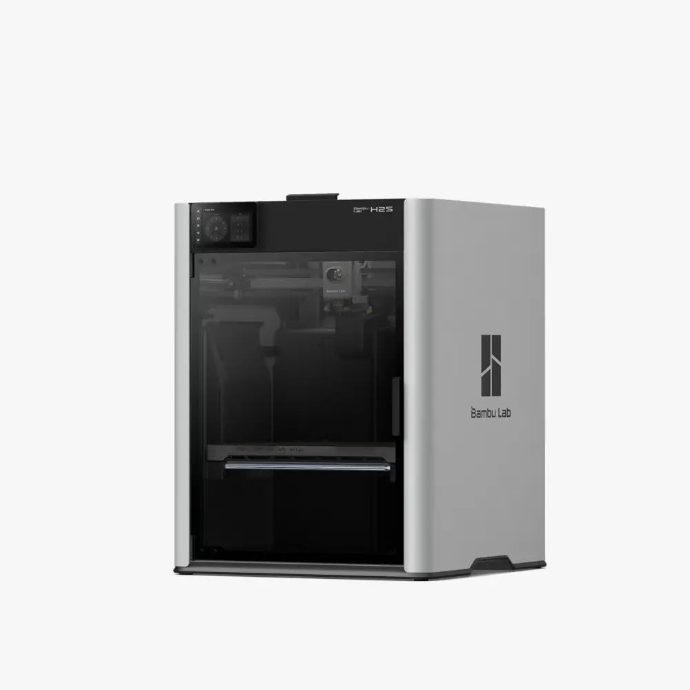 Sleek gray Bambu Lab H2S 3D printer with transparent front panel revealing internal components