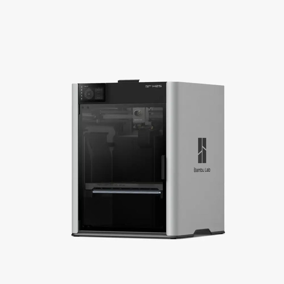 Sleek gray Bambu Lab H2S 3D printer with transparent front panel revealing internal components