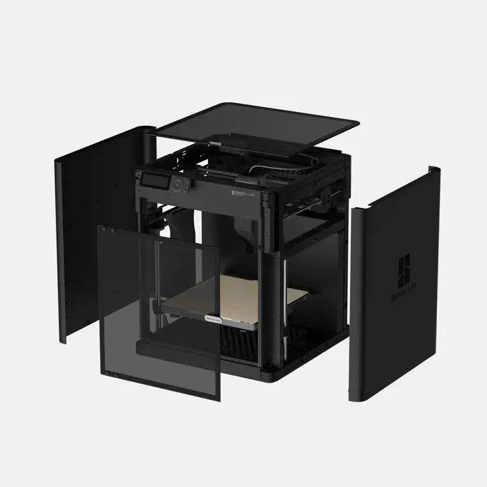 Black 3D printer shown in an exploded view displaying its internal components and removable panels.