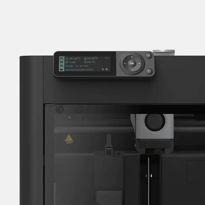 Black 3D printer with a digital display panel and control dial.