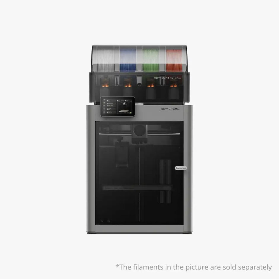 Modern multi-color 3D printer with enclosed chamber, filament storage, and chamber monitoring camera for Bambu Lab P2S Combo