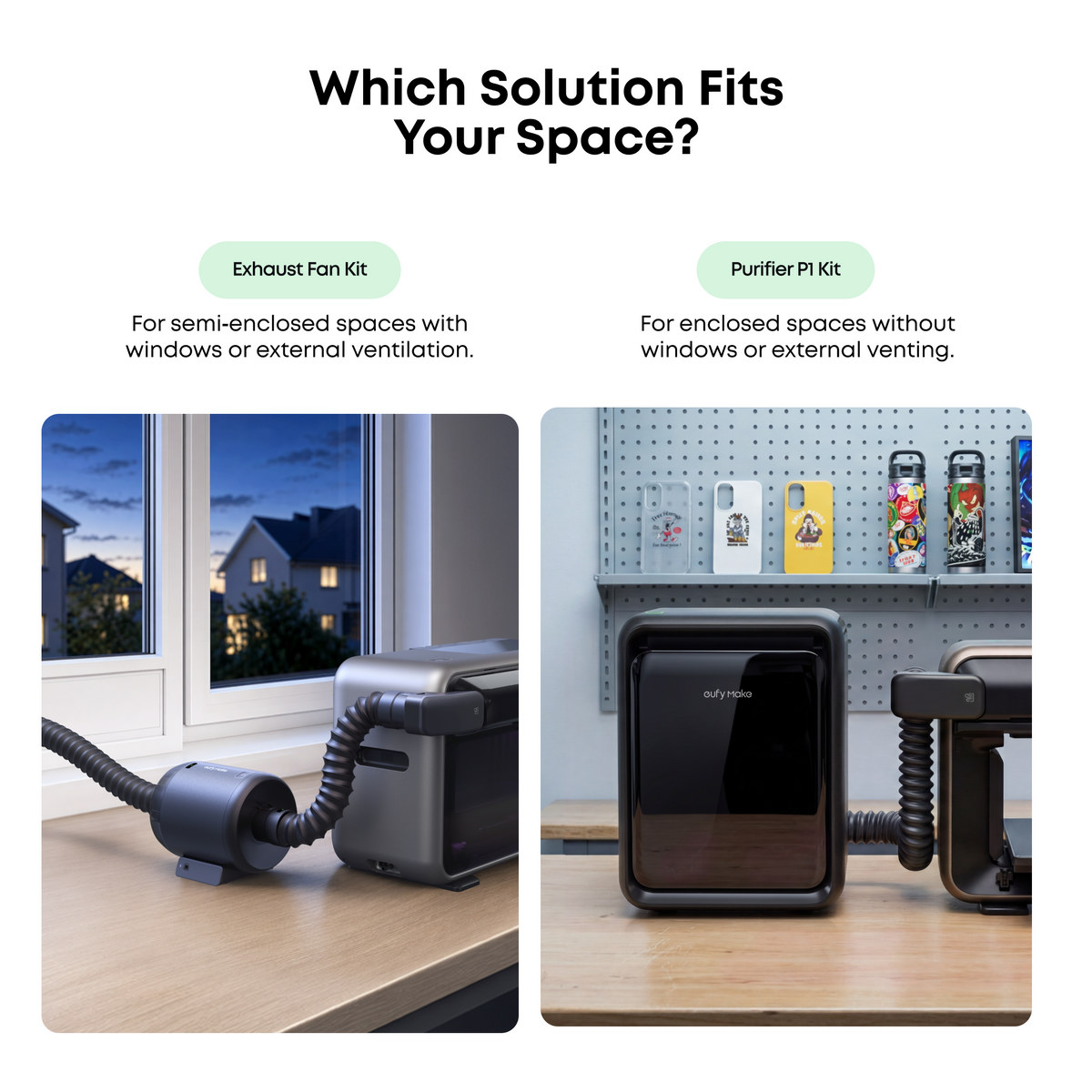eufyMake Purifier P1 im Vergleich zum Exhaust Fan Kit für verschiedene Räume