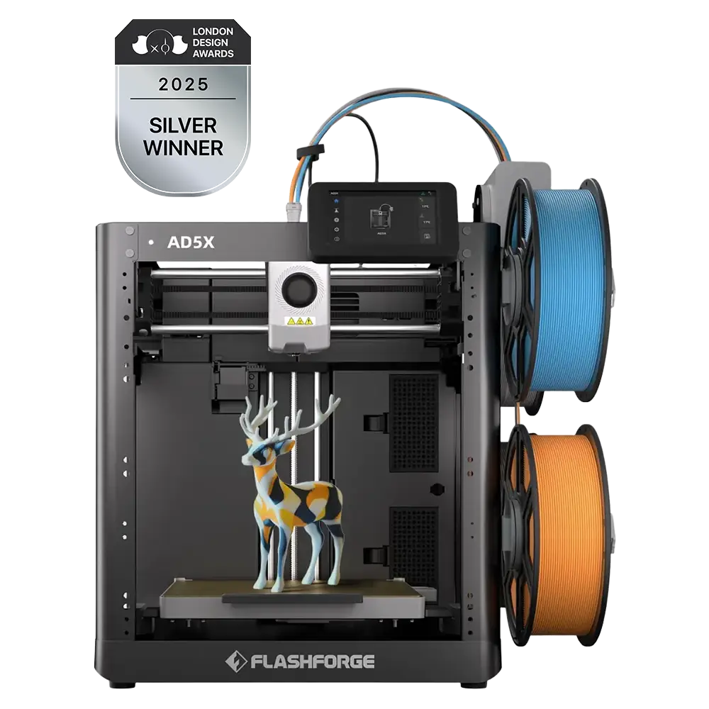 A 3D printer with two spools of filament and a printed deer figurine inside, awarded a silver prize.