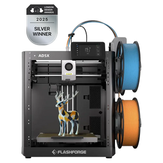 A 3D printer with two spools of filament and a printed deer figurine inside, awarded a silver prize.