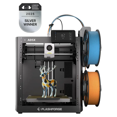 A 3D printer with two spools of filament and a printed deer figurine inside, awarded a silver prize.