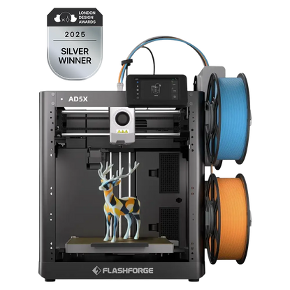 A 3D printer with two spools of filament and a printed deer figurine inside, awarded a silver prize.