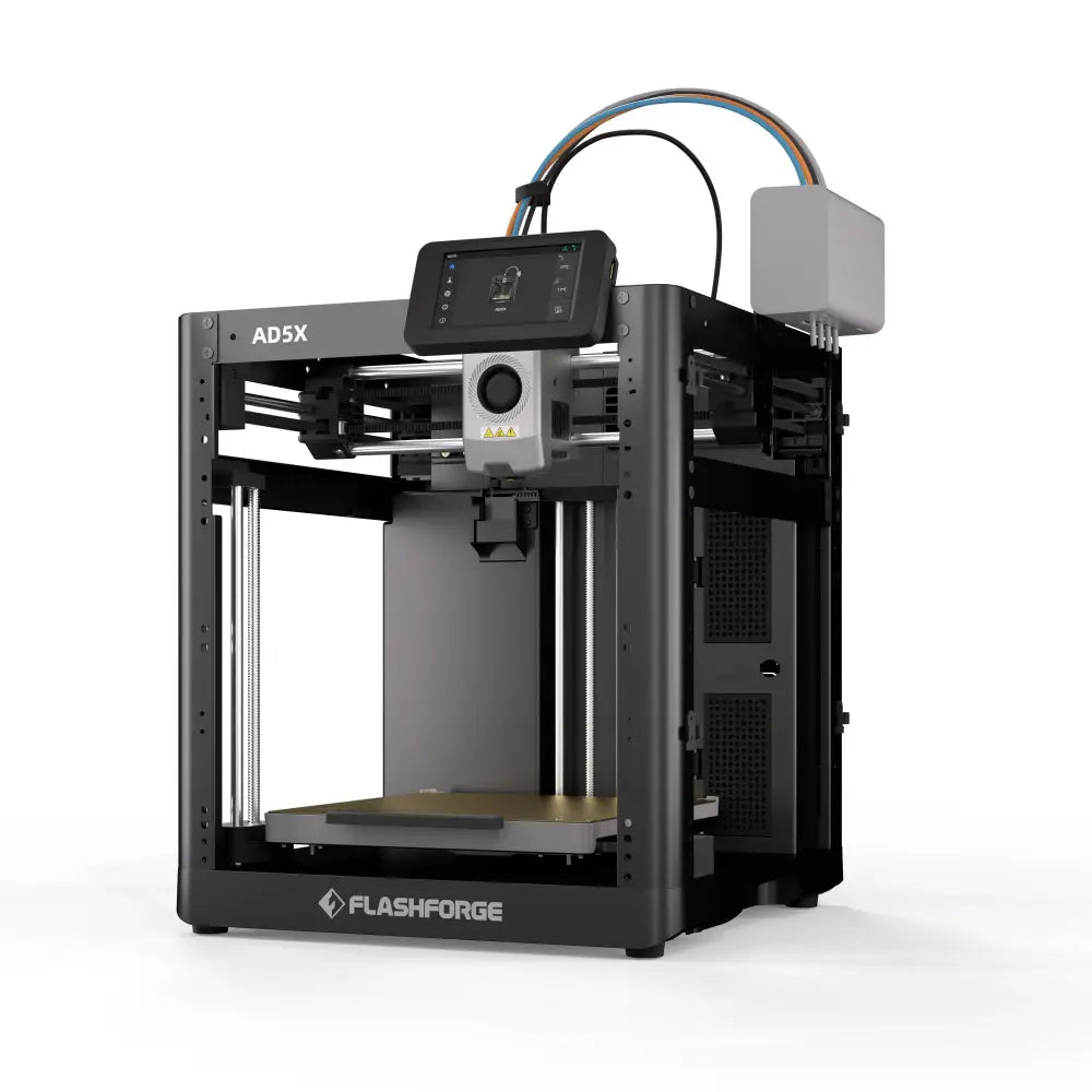 A dark grey, open-frame 3D printer with a top-mounted color touchscreen display and an external filament holder with multi-colored tubes.