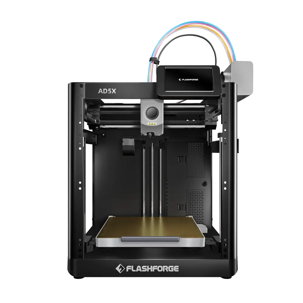 An open-frame 3D printer with a touchscreen display and multi-color filament guides.