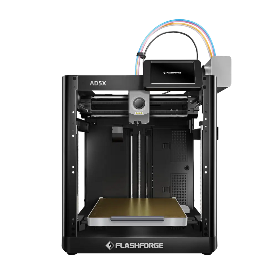 An open-frame 3D printer with a touchscreen display and multi-color filament guides.