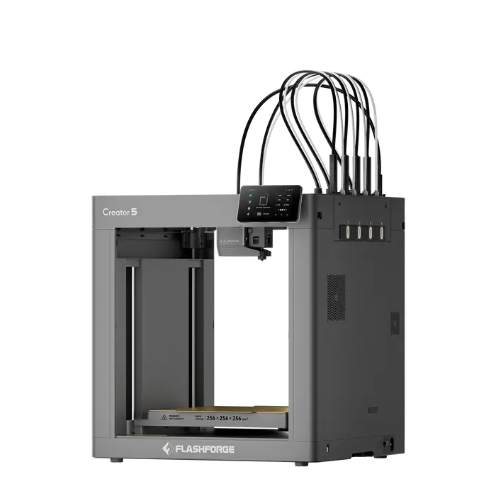 Gray flashforge creator 5 high-speed multi-colour 3d printer with independent toolheads and purge waste tubes above bed