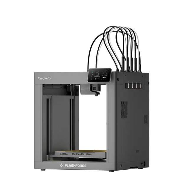 Gray flashforge creator 5 high-speed multi-colour 3d printer with independent toolheads and purge waste tubes above bed