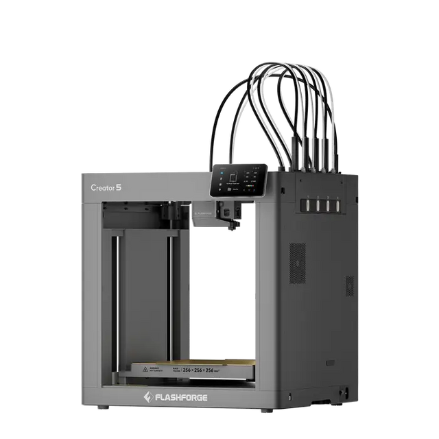Gray flashforge creator 5 high-speed multi-colour 3d printer with independent toolheads and purge waste tubes above bed