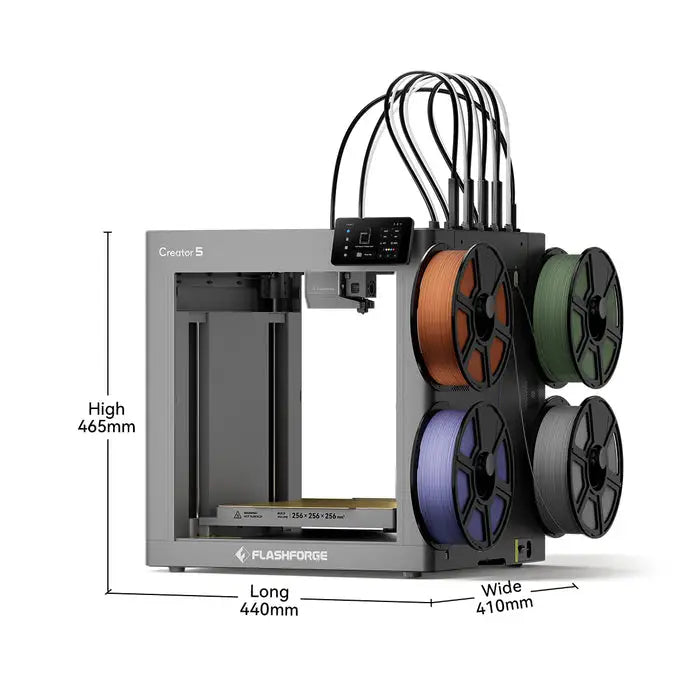 Gray flashforge creator 5 3d printer with independent toolheads and four filament spools for purge waste efficiency