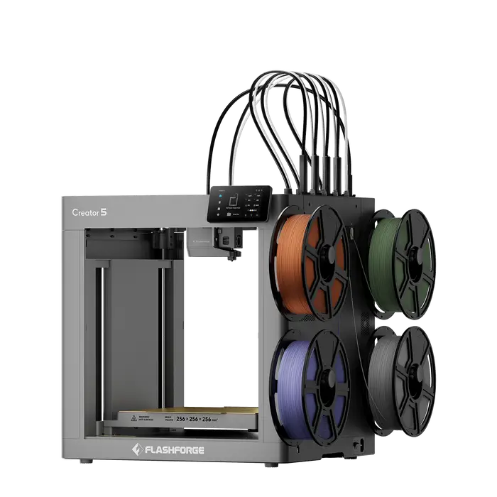 Gray flashforge creator 5 high-speed multi-colour 3d printer with independent toolheads and four filament spools