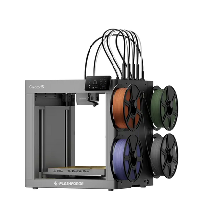 Gray flashforge creator 5 high-speed multi-colour 3d printer with independent toolheads and four filament spools